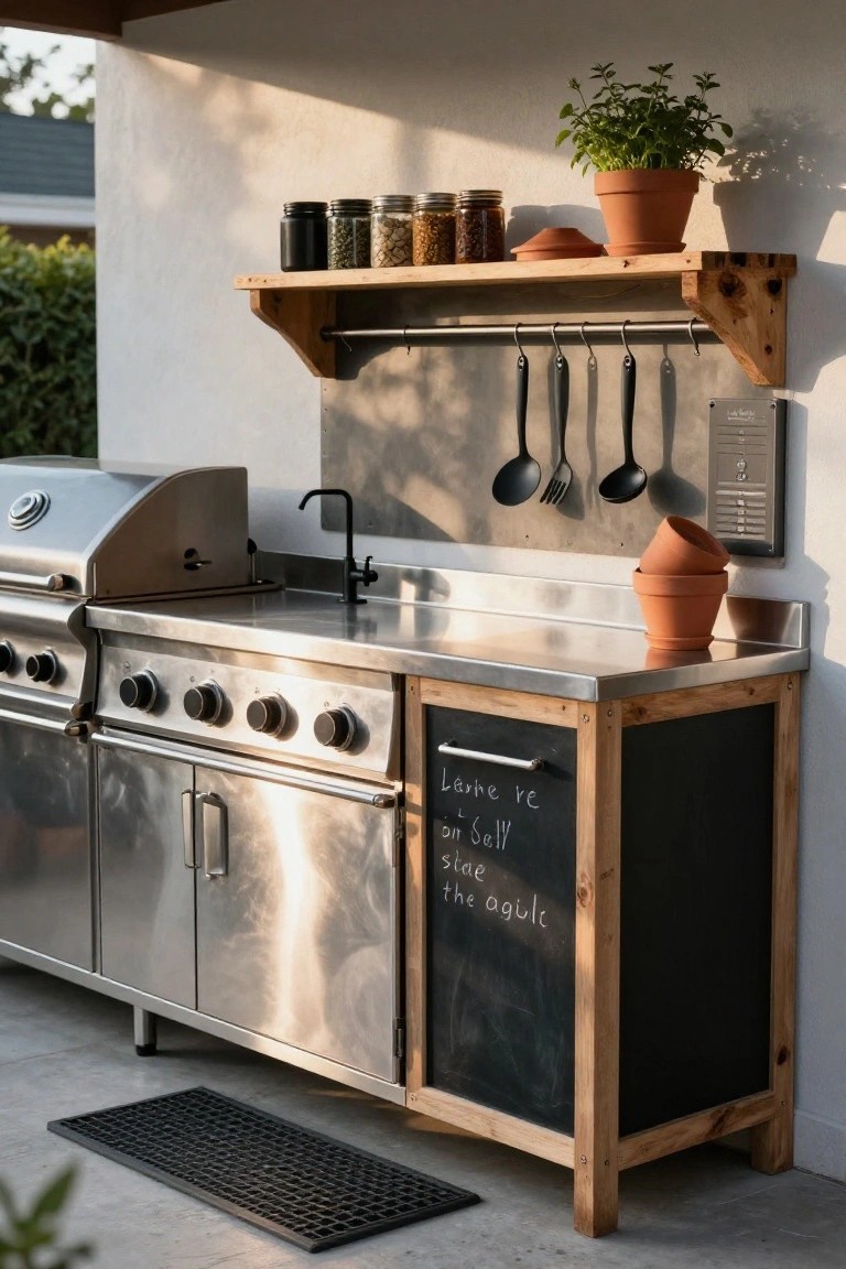 Outdoor kitchen with stainless steel grill and sink counters, wooden shelves holding jars of spices and potted plants, hanging utensils on a rack, and a black chalkboard panel on a wooden side cabinet under a covered patio.