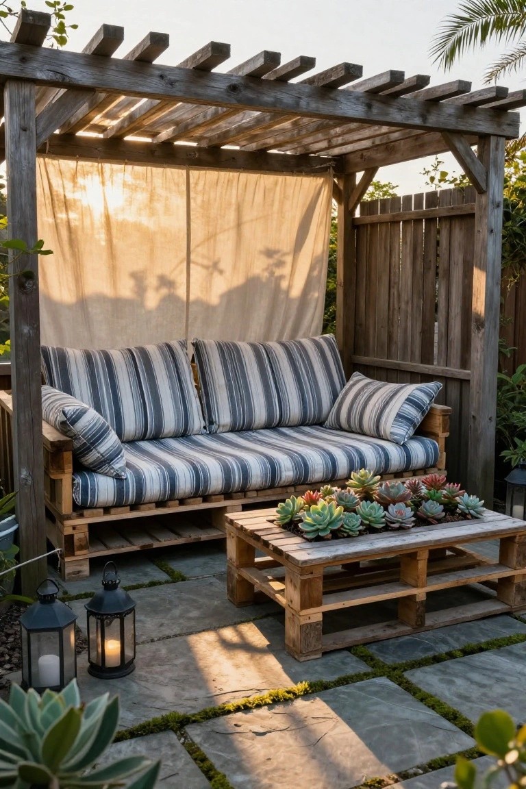 Wooden pergola with beige draped fabric shading a striped-upholstered pallet sofa and matching pallet coffee table topped with succulents on a stone patio with lanterns and plants nearby.