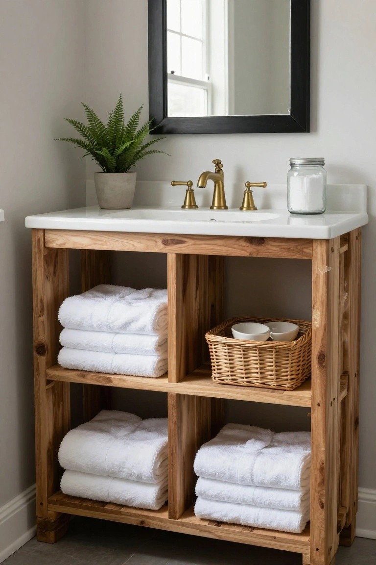 Wooden open-shelf cabinet made from pallets positioned under a white porcelain bathroom sink with gold faucets, stacked white towels on shelves, a potted fern plant, glass jar of cotton balls, and woven basket with white bowls nearby.