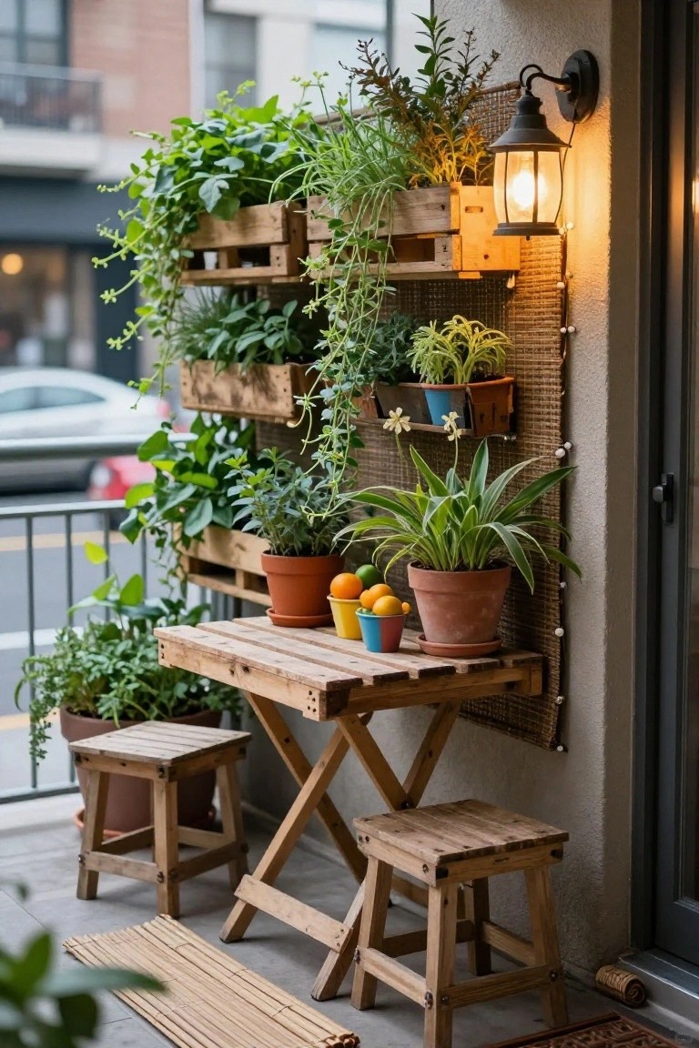 Balcony wall with stacked wooden pallet planters holding various green plants and herbs, a small wooden table and stools below, colorful cups with oranges, a wall lantern, and bamboo screens against an urban street view.