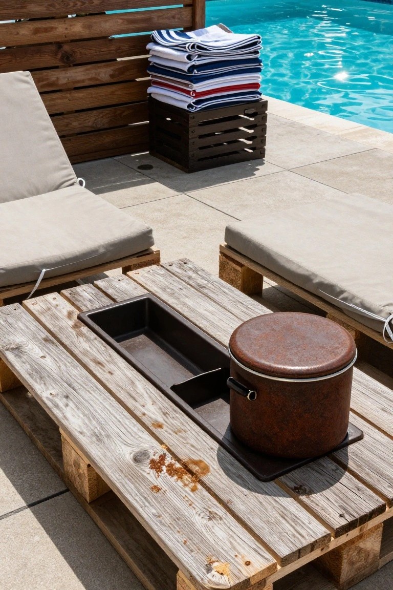 Wooden pallet coffee table with sunken black tray and copper ice bucket on patio near pool, beige lounge chairs, stacked towels, and wooden fence.
