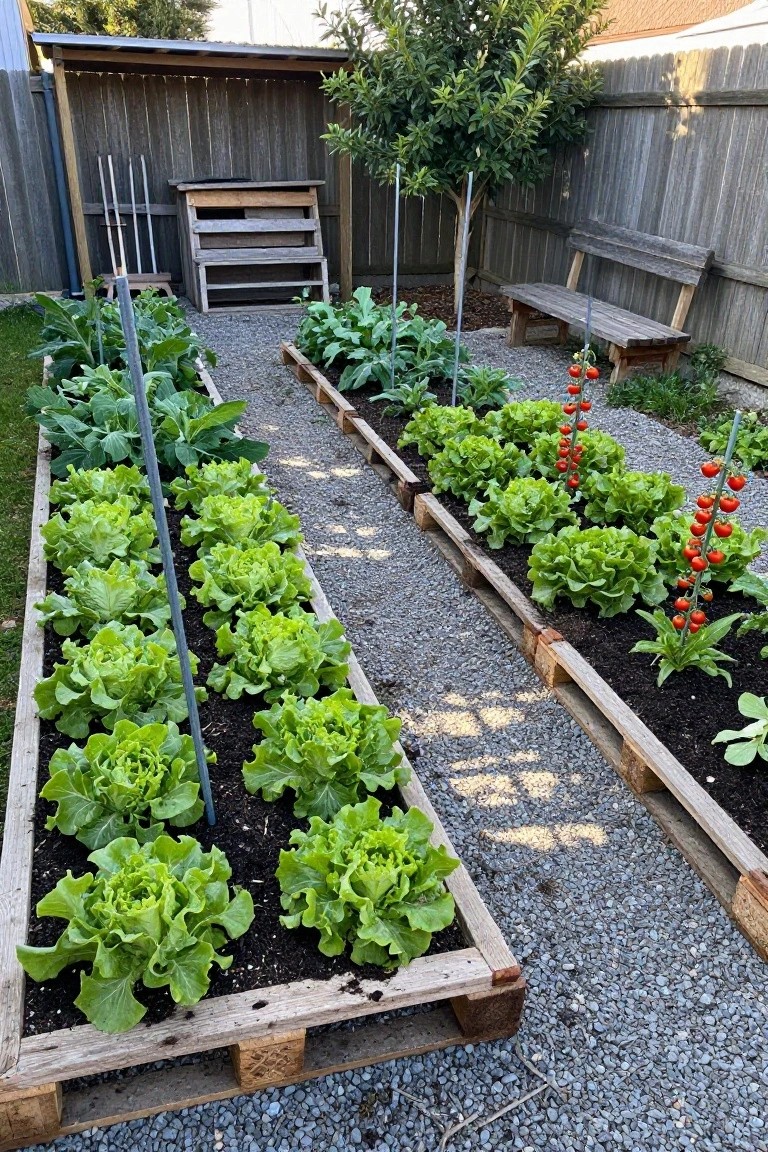 Backyard vegetable garden with multiple raised wooden pallet beds growing lettuce, tomatoes on stakes, and other greens, gravel paths between beds, a wooden bench, and a small tree nearby.
