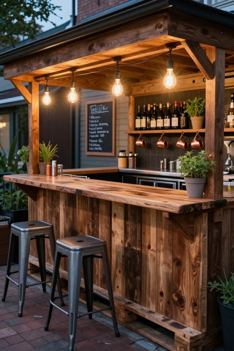 Wooden outdoor bar with live-edge countertop, reclaimed plank backsplash and shelves stocked with wine bottles, copper mugs hanging, potted plants, hanging Edison bulb lights, and two metal barstools on a brick patio under a pergola roof.