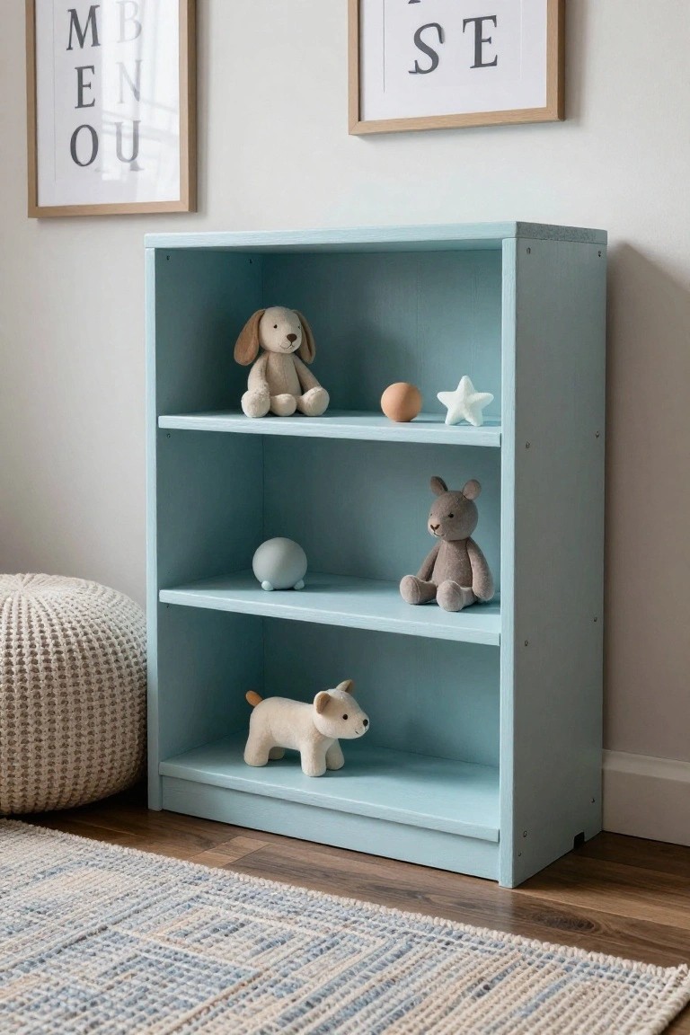 Light blue wooden bookshelf with three open shelves displaying stuffed dogs, a rabbit, plush balls, and a star toy in a nursery with wall art, a white pouf, and woven rug.