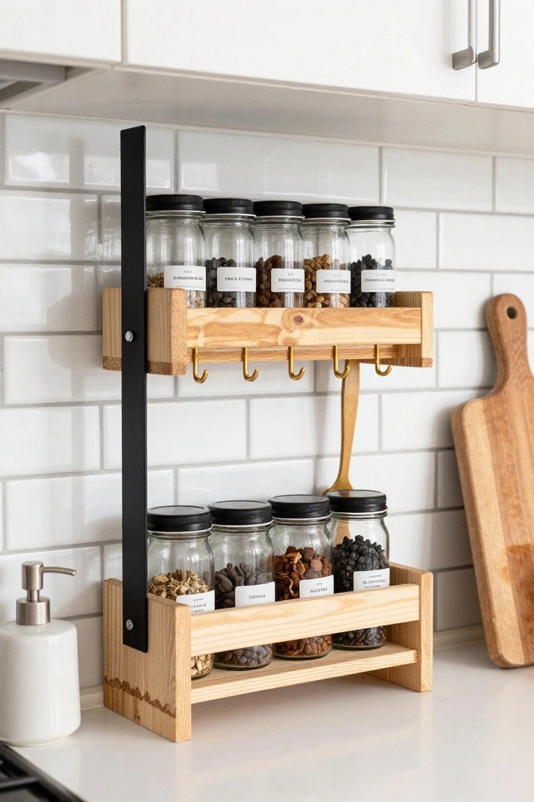 Wooden two-shelf spice rack with black metal supports mounted on white subway tile kitchen wall, holding labeled glass jars of spices and seeds, gold hooks below, soap dispenser and cutting board nearby.