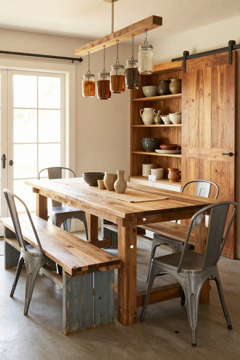 Dining area with a long rectangular wooden table, benches made from pallet wood on one side, metal chairs on the other, open wooden shelves holding pottery and jars, and mason jar pendant lights hanging above.