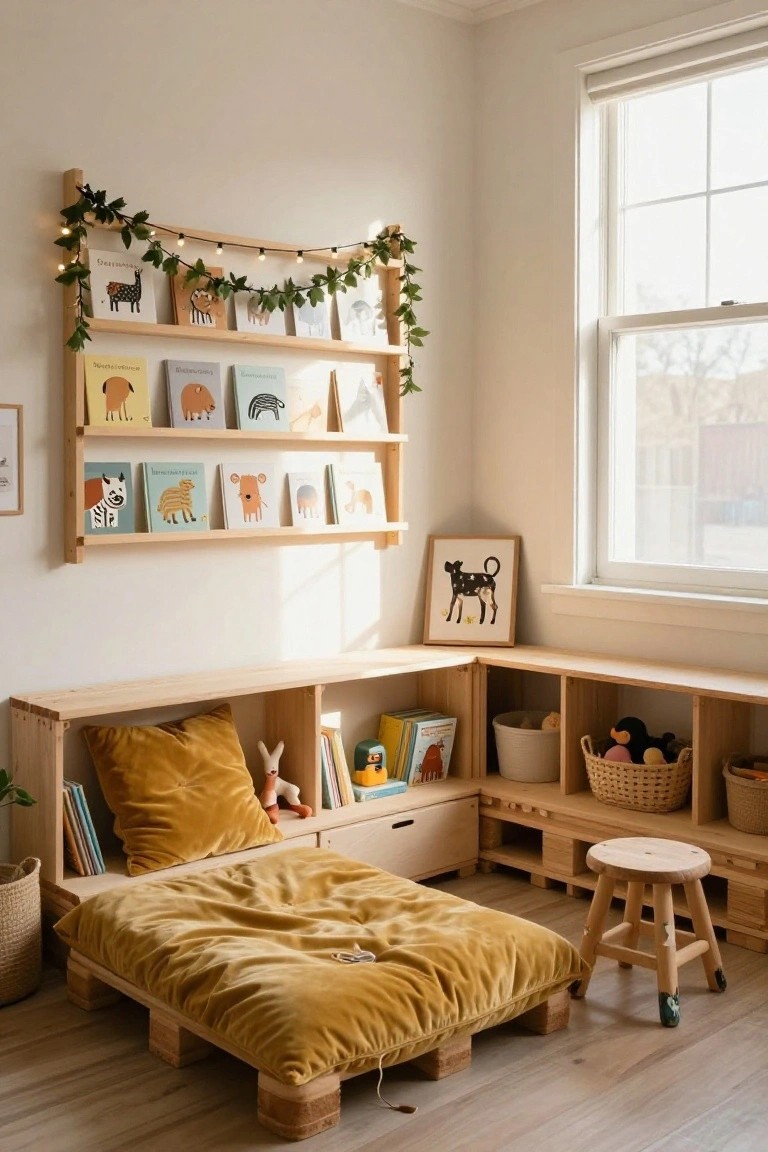 Children's room corner with wooden pallet bookshelves displaying picture books, a low platform bed made from pallets topped with yellow velvet bedding and pillows, stuffed animals, toys, baskets, and potted plants on light wood floors.