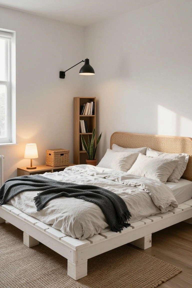 A sunlit bedroom with a low white pallet platform bed dressed in light linens and a gray throw, rattan headboard, wooden bookshelf with plants, side table lamp, and seagrass rug on wood floors.