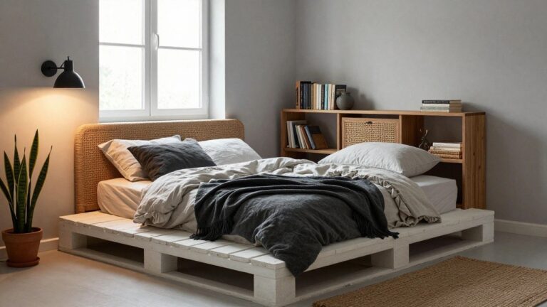 22 Creative DIY Pallet Projects You Will Wish You Tried Sooner A sunlit bedroom with a low white pallet platform bed dressed in light linens and a gray throw, rattan headboard, wooden bookshelf with plants, side table lamp, and seagrass rug on wood floors.