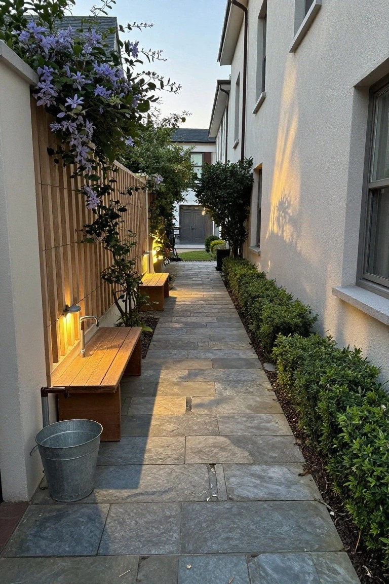 Narrow stone-tiled pathway runs alongside a white stucco house wall and wooden slat fence covered in purple flowering vines, with wooden benches, wall-mounted lights, boxwood hedges, and a galvanized metal bucket near the foreground bench.