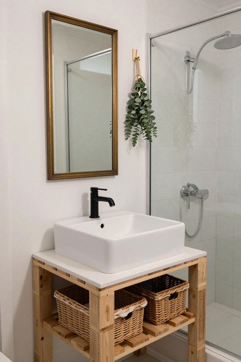 A wooden pallet vanity with wicker basket shelves under a white vessel sink in a white-tiled bathroom next to a glass shower enclosure.