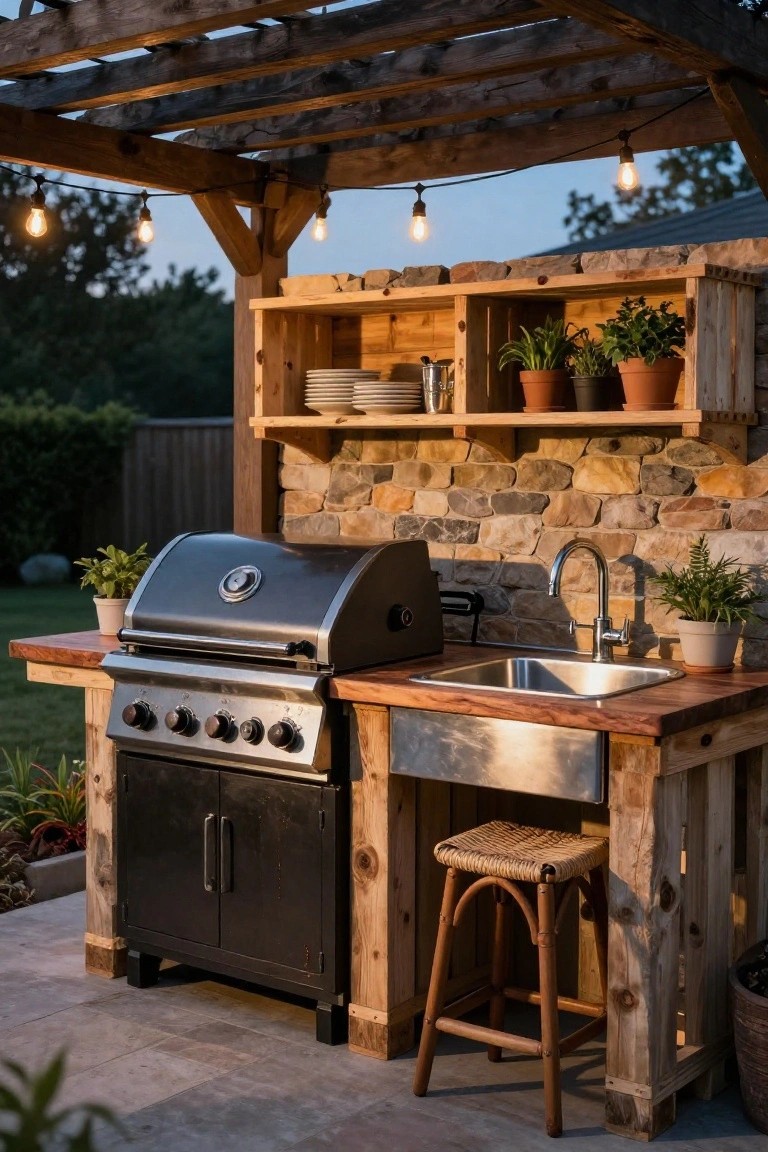 Rustic wooden outdoor kitchen island with stainless steel grill, sink, faucet, cabinets, and potted plants on a patio under a pergola with string lights.