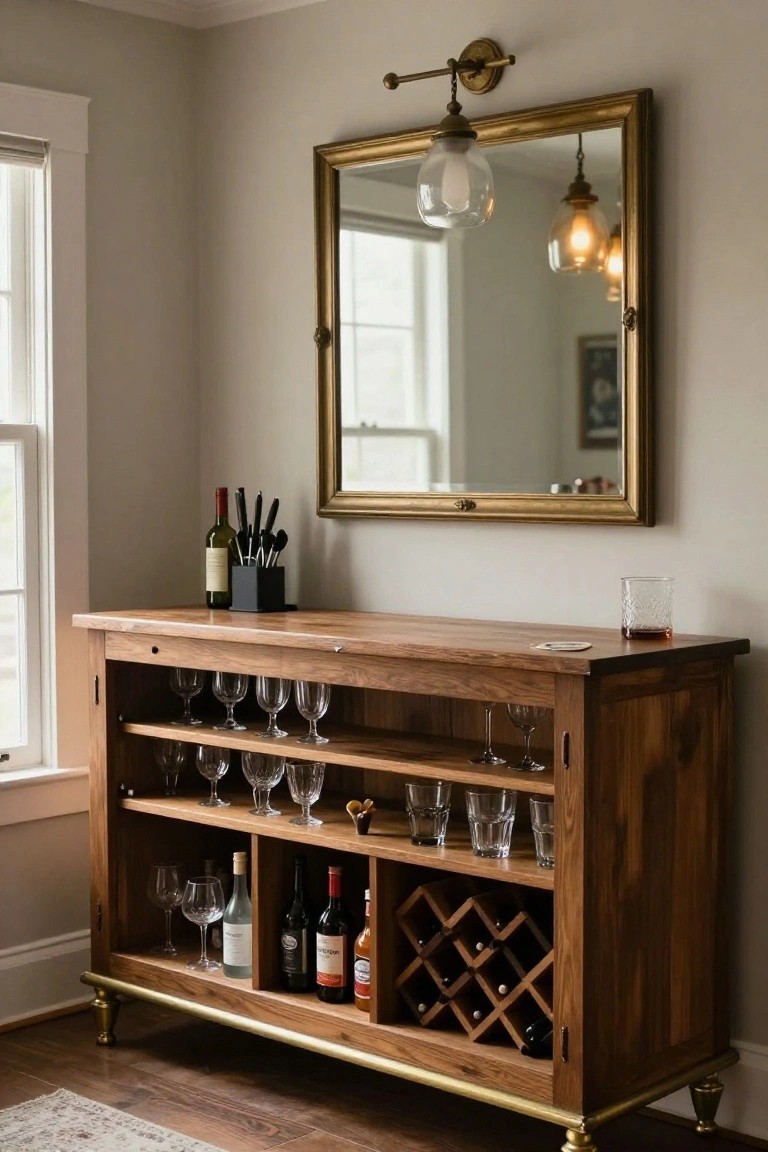 Wooden bar cabinet with open shelves holding wine glasses, lower wine rack with bottles, utensil block on top, next to a gold-framed mirror in a beige room with window and wall sconces.