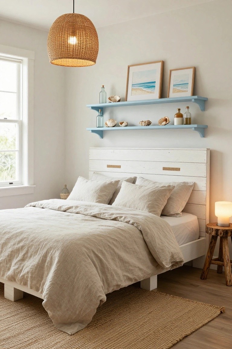 White wooden slat headboard with rope accents mounted on wall above low beige bed with linen bedding, blue shelf holding seashells and glass bottles, woven pendant light overhead, tree stump side table with white lamp, framed beach artwork, seagrass rug on wood floor in bright bedroom.