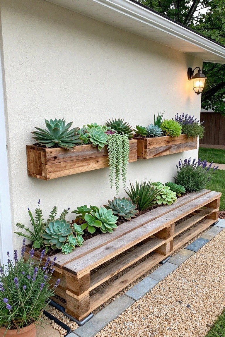 Wooden pallet planters mounted on a beige stucco house wall at two levels filled with various succulents and trailing plants, with a pallet bench planter at ground level holding more succulents and lavender, next to a gravel path.