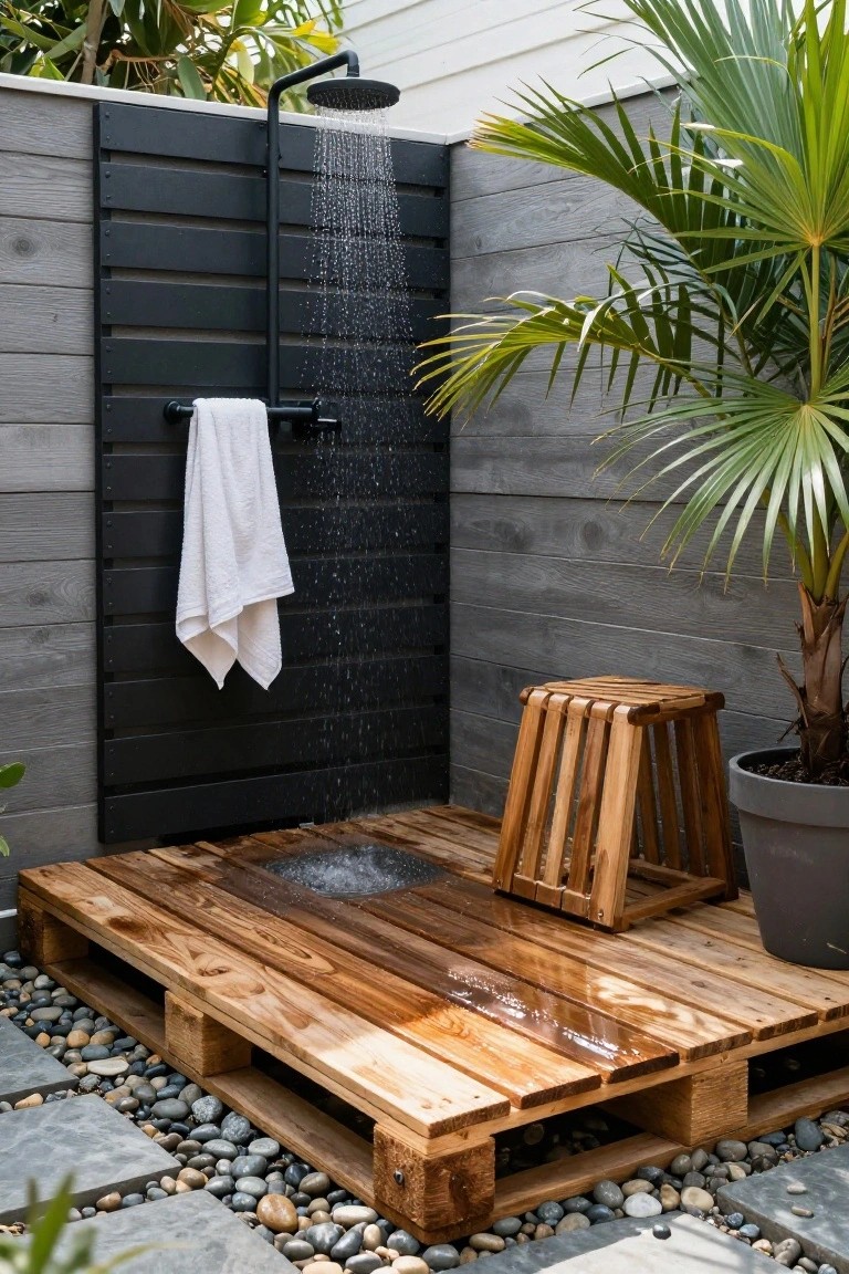 Outdoor shower with black slatted walls, rainfall showerhead, white towel hanging on pipe, wooden stool, potted palm plant, pallet wood deck platform, and surrounding pebble ground.