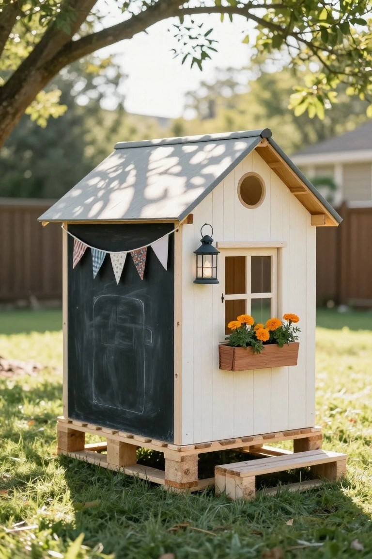 Small white playhouse made from pallets in a grassy backyard, with gray sloped roof, black chalkboard side panel, window flower box with orange marigolds, hanging lantern, and colorful bunting flags.