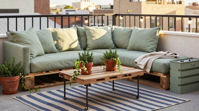 Green linen sofa on a pallet base next to a wooden pallet coffee table with potted rosemary and ivy plants on a city balcony railing with string lights and striped rug.