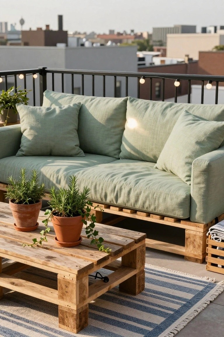 Green linen sofa on a pallet base next to a wooden pallet coffee table with potted rosemary and ivy plants on a city balcony railing with string lights and striped rug.