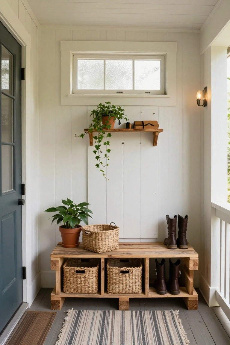 Wooden pallet bench on a covered porch with cubbies storing wicker baskets and tall brown boots, potted plants nearby, ivy shelf on white shiplap wall, striped rug on floor, and dark blue front door.