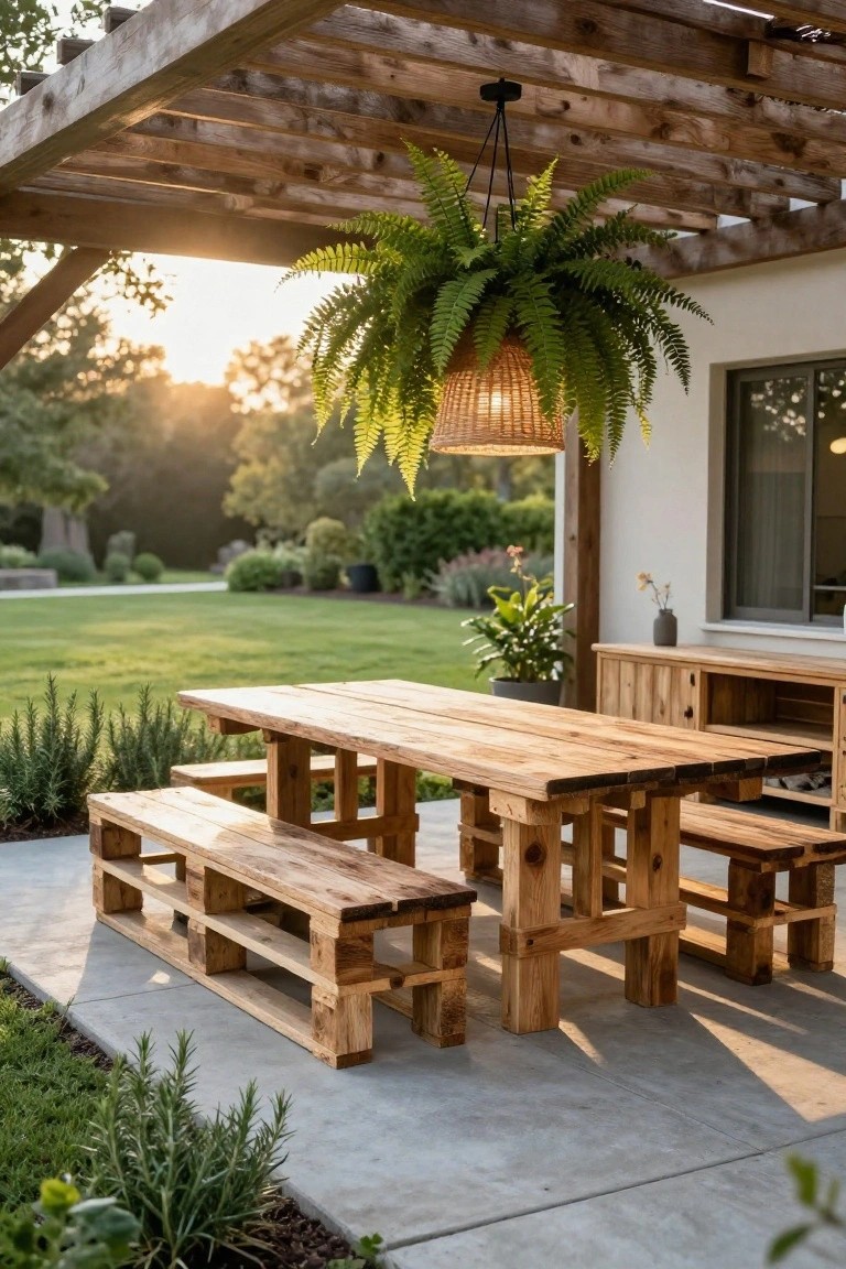Wooden dining table and benches built from pallets on a concrete patio under a wooden pergola with a hanging basket plant and garden landscaping in the background.