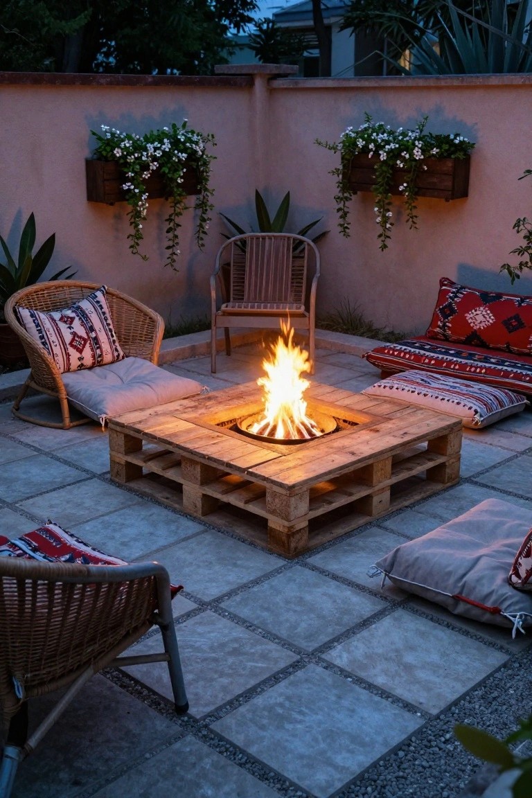 Square wooden pallet table with a central fire pit on a tiled outdoor patio, surrounded by rattan chairs with cushions and colorful floor pillows at dusk.