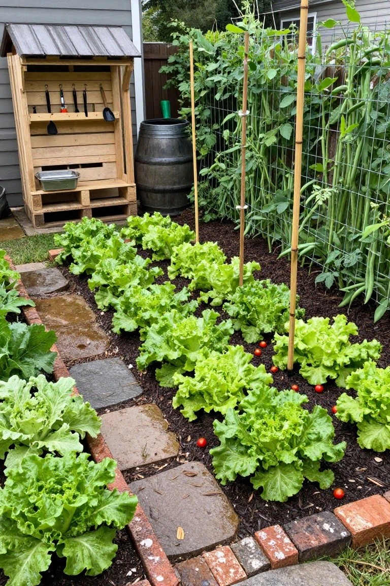 Wooden pallet structure with shelves and hooks holding garden tools, a metal basin, and a barrel nearby, positioned beside raised beds of lettuce and tomatoes with bean trellises and a stone path in a backyard garden.