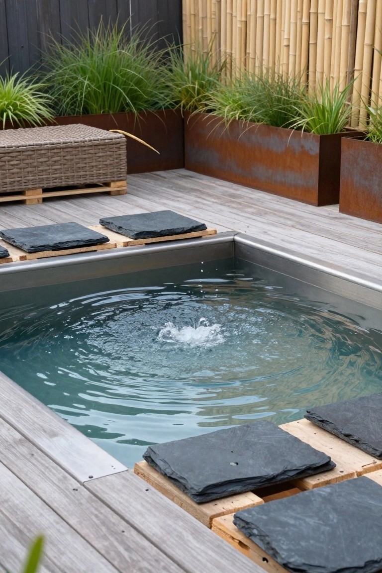 Small stainless steel soaking tub embedded in a wooden deck surrounded by pallet platforms topped with dark slate slabs for seating, with bamboo fencing, grasses in rusted metal planters, and a woven bench nearby.