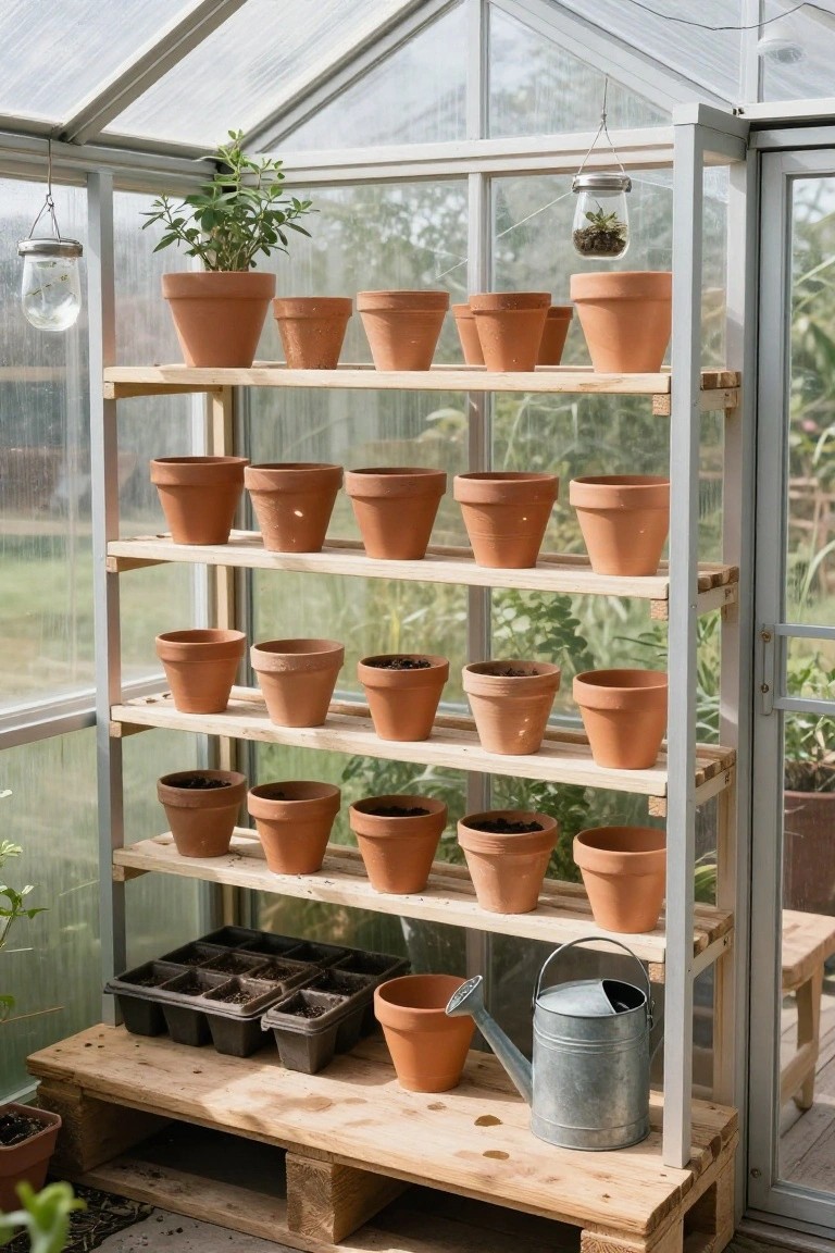 Greenhouse interior with multi-tiered wooden pallet shelves holding terracotta pots filled with plants and soil, seedling trays on lower shelves, a watering can on a pallet platform, and hanging glass jars.