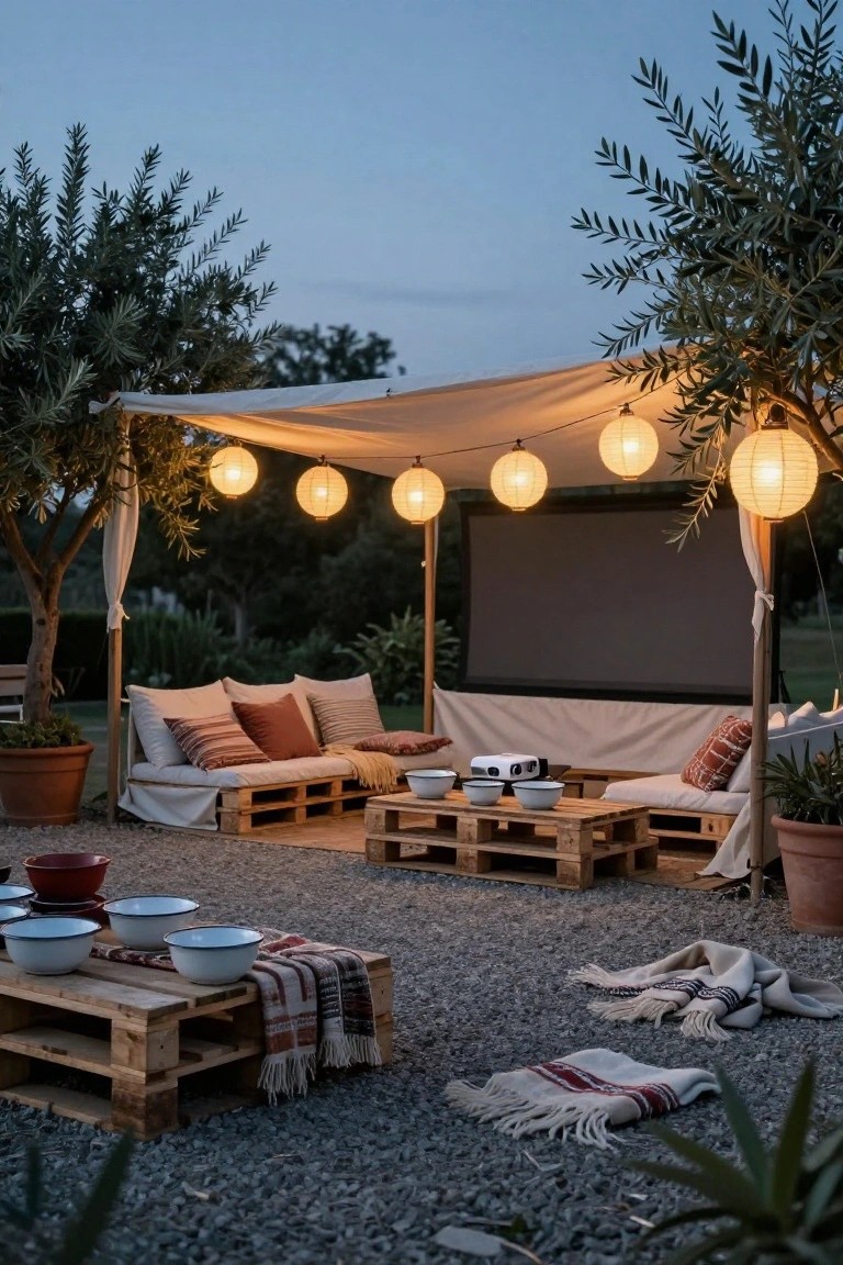 Outdoor gravel patio with wooden pallet sofas and tables topped with cushions, bowls, and blankets under a white fabric canopy strung with paper lanterns and olive trees nearby, featuring a projector and blank screen.