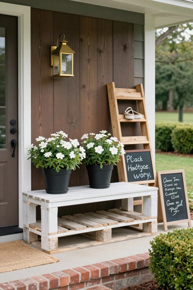 Front porch entry with dark wood siding, brass wall lantern, two black pots of white flowering plants, wooden ladder shelf holding flip-flops, white pallet bench, two chalkboard signs, seagrass mat, and brick steps bordered by shrubs.