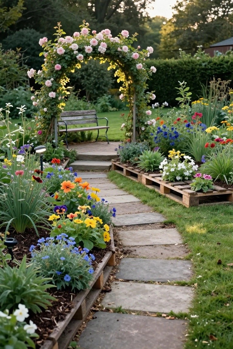 A stone garden path bordered by raised wooden pallet planters filled with colorful flowers and plants, leading past a bench under a rose-covered archway.