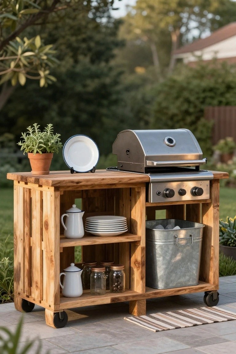 Wooden cart built from pallets on wheels, supporting a stainless steel grill with control knobs, lower shelves holding white dishes, teapots, jars, and a metal bucket, next to potted plants on a paved patio.