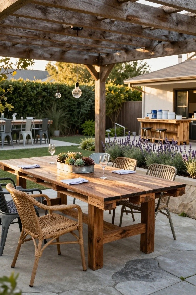 Wooden patio table with chairs under a pergola at sunset.