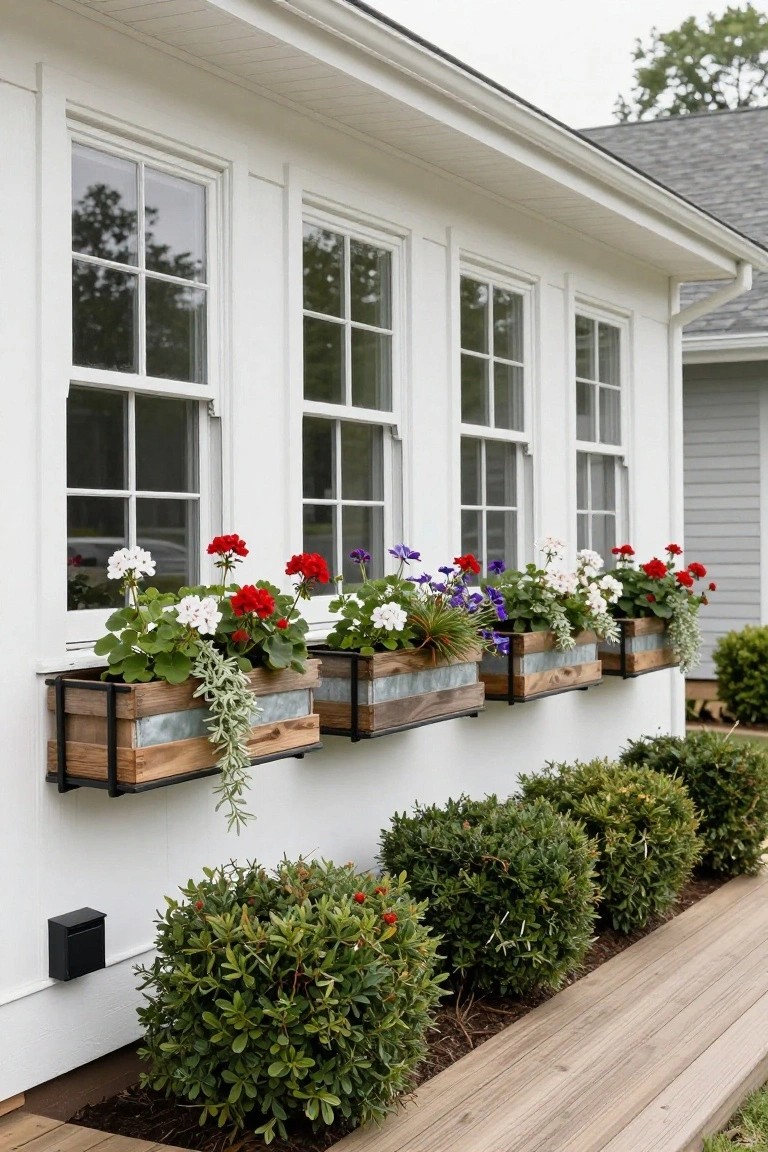White clapboard house exterior featuring three wooden-framed galvanized metal window boxes filled with colorful geraniums, petunias, and trailing plants under a row of double-hung windows, with boxwood shrubs and a wooden deck border below.