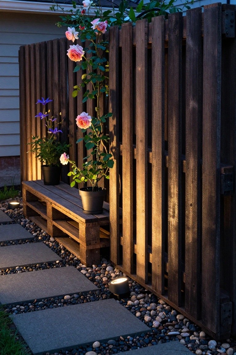 Wooden pallet bench sits against a dark vertical board fence overgrown with pink roses and delphiniums, next to potted plants and a pathway of gray pavers edged with pebbles and low spotlights.