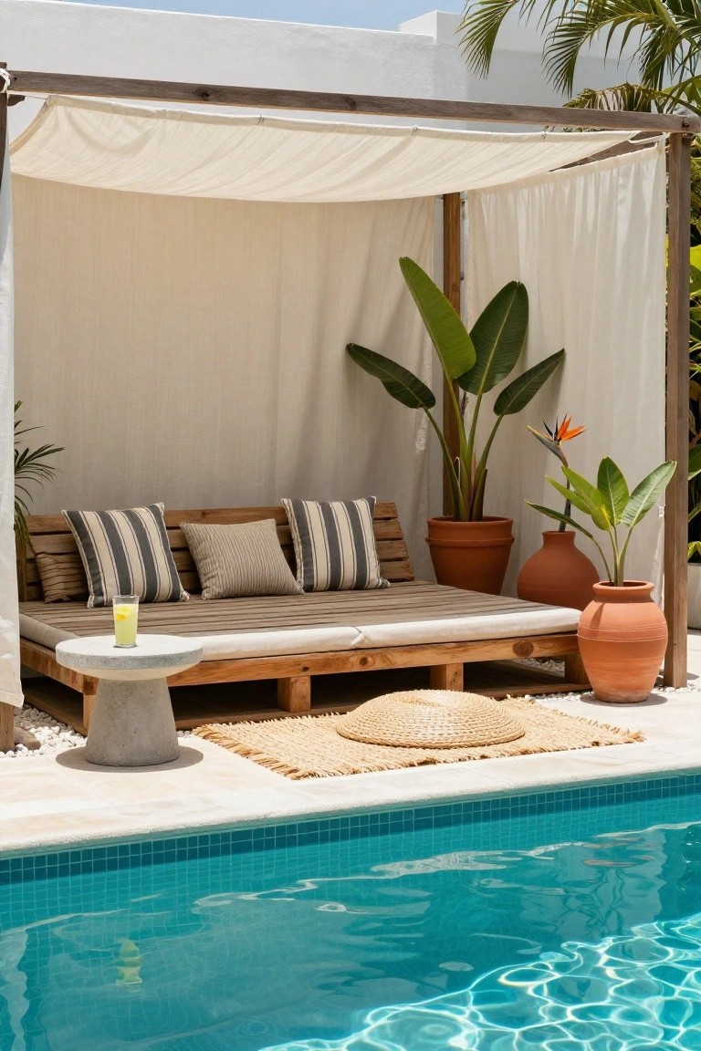 Wooden pallet platform daybed with striped and beige cushions under a white fabric canopy, potted plants around it, concrete side table with yellow drink, next to turquoise tiled pool on light stone patio.