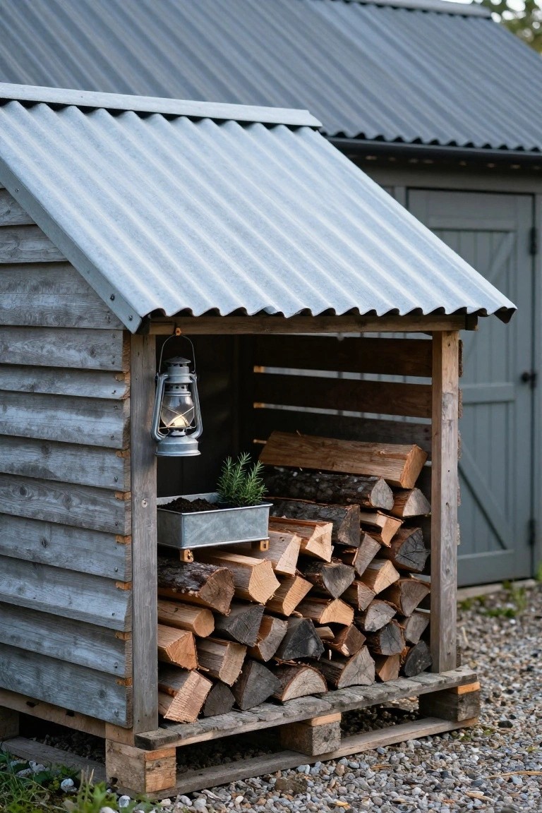 Rustic wooden firewood storage shelter with slanted corrugated metal roof, stacked logs, hanging lantern, metal planter with rosemary, built on pallets next to a gray shed on gravel ground.