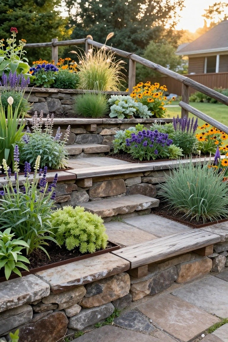 Lush garden with colorful flowers, stone steps, and wooden railings at sunset.