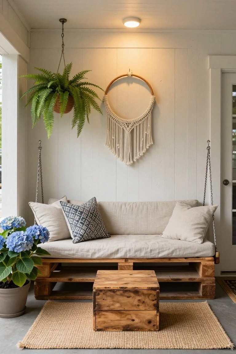 A covered porch featuring a hanging swing bed made from wooden pallets with beige cushions and patterned pillows, blue hydrangeas in a pot, a hanging fern plant, macrame wall decor, wooden crate side table, and seagrass rug on the floor.