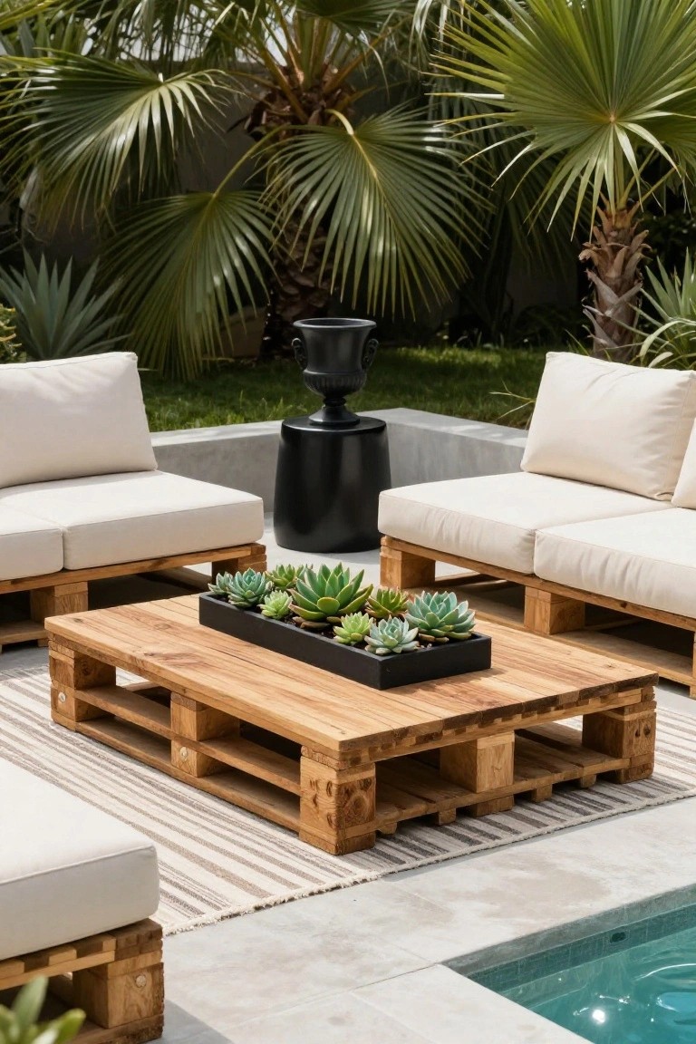 Wooden pallet sofas with beige cushions arranged around a pallet coffee table holding succulents in a black planter, on a concrete patio near a pool with palm trees and greenery in the background.
