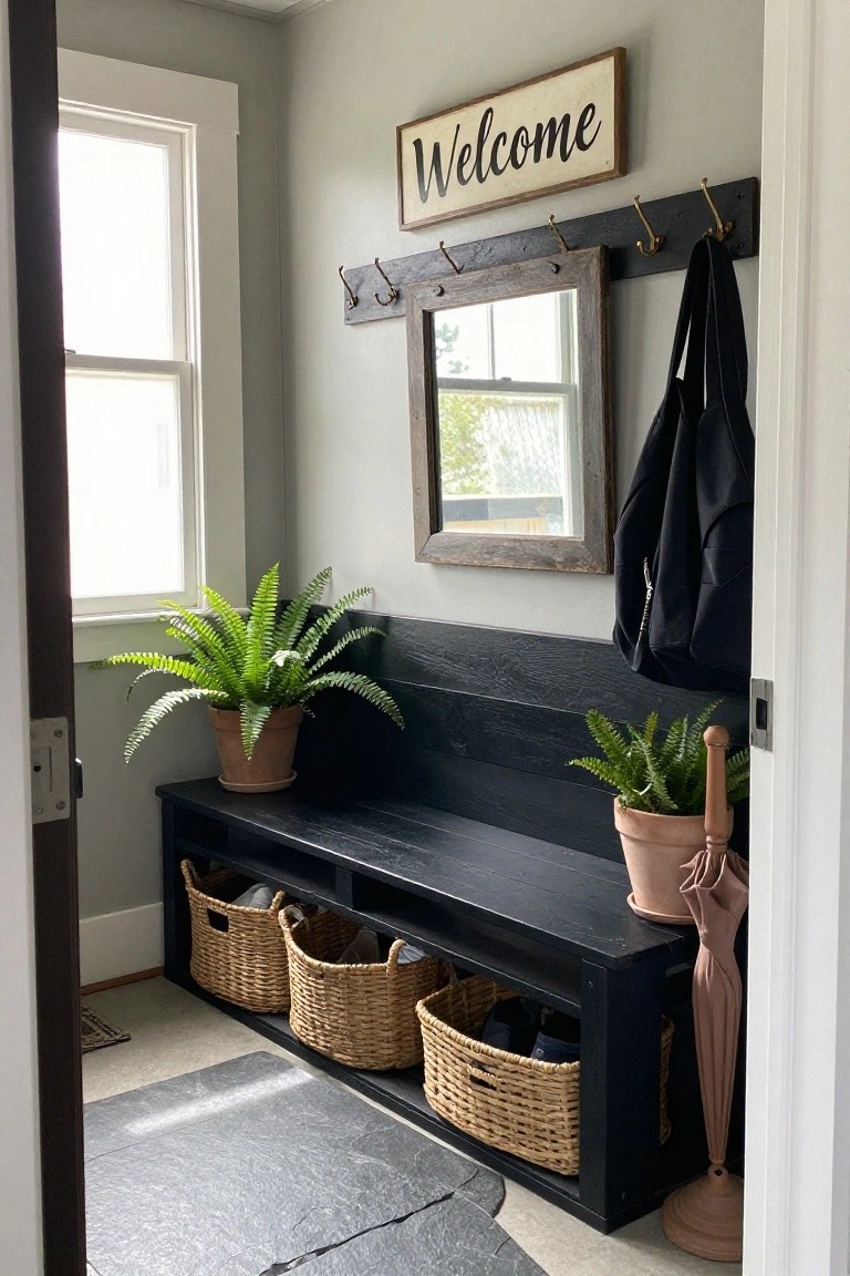Indoor entryway with a black wooden slat bench on legs, three wicker baskets stored underneath holding shoes, wall-mounted hooks with a black bag, a rustic mirror above, two potted ferns, a pink umbrella, and a welcome sign on a light gray wall near a door and window.