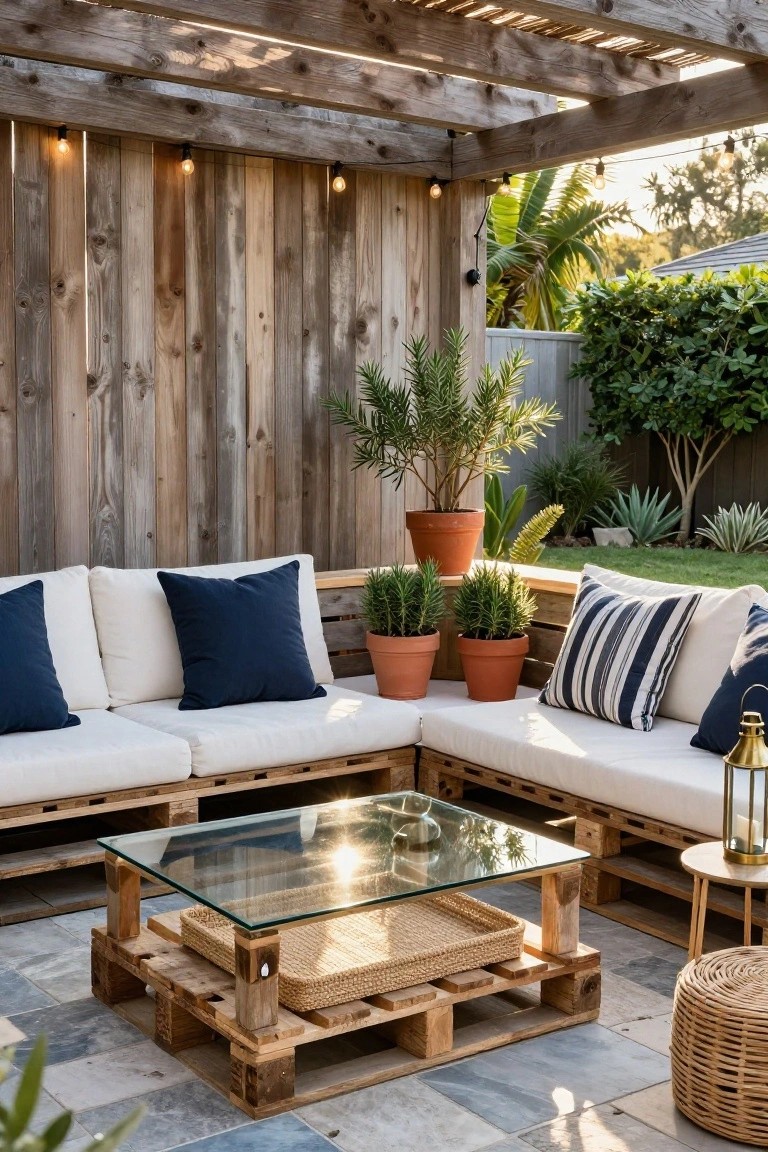 Outdoor corner seating arrangement made from stacked wooden pallets with white cushions, navy pillows, potted plants, glass-top pallet coffee table, string lights, and wooden pergola on a tiled patio.