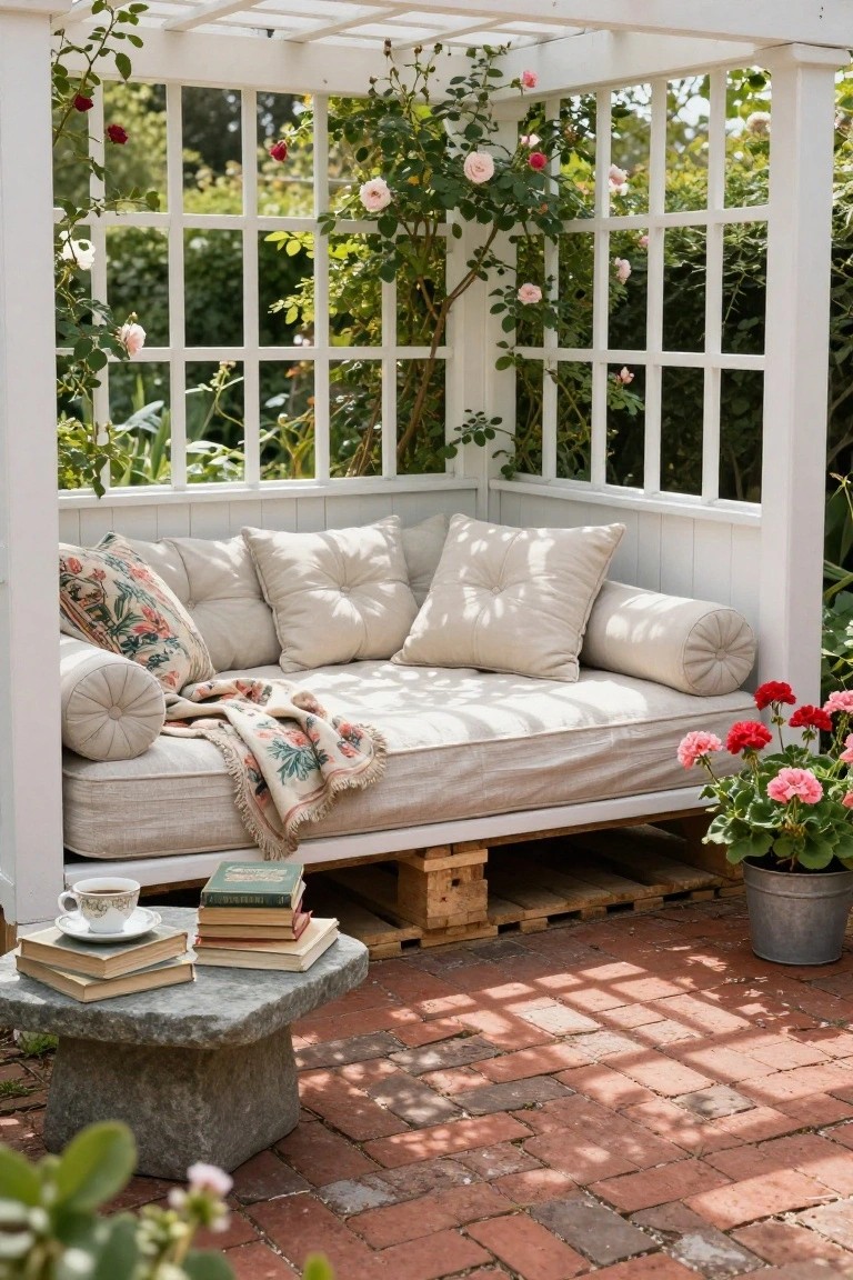 White pergola covered in pink and red climbing roses frames a beige cushioned daybed on wooden pallet base with pillows and throw, stone table with stacked books and teacup on brick patio near potted red geraniums.