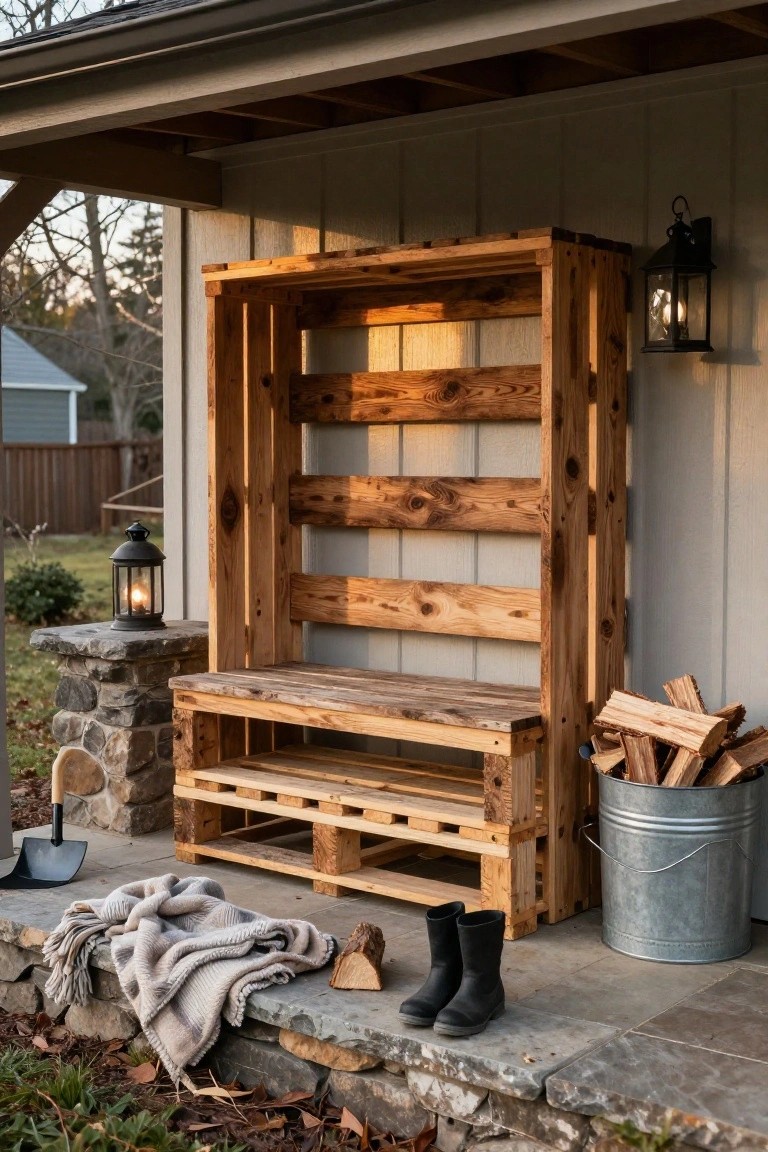 Tall wooden pallet shelving unit with bench seat on a covered porch, holding firewood stacks below, next to a galvanized bucket, rubber boots, and lanterns.