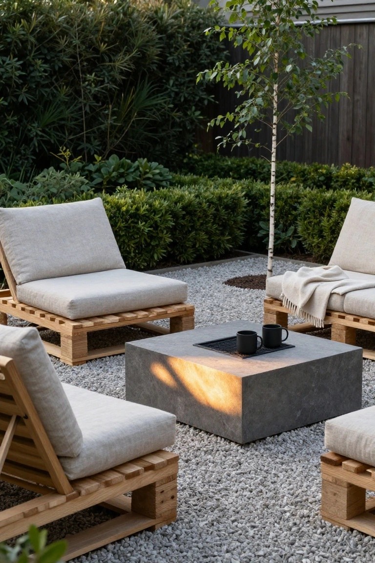 Four low wooden pallet lounge chairs with beige cushions arranged around a square gray concrete fire pit table with two black mugs on a metal tray, set on white gravel amid green hedges and a birch tree.