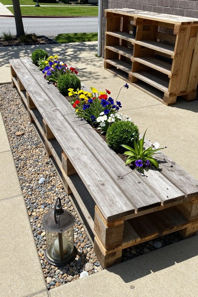 Long horizontal wooden pallet structure used as a planter bench filled with various colorful flowers, green plants, and boxwoods along a concrete walkway edged with gravel, with pallet shelves nearby and a metal lantern on the ground.