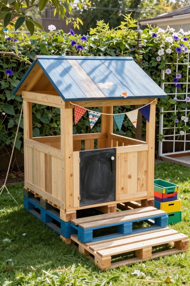 Small wooden playhouse on blue-painted pallets with a blue sloped roof, open sides, black chalkboard door with knob, colorful fabric bunting, and toy bins nearby in a grassy garden with surrounding plants and vines.