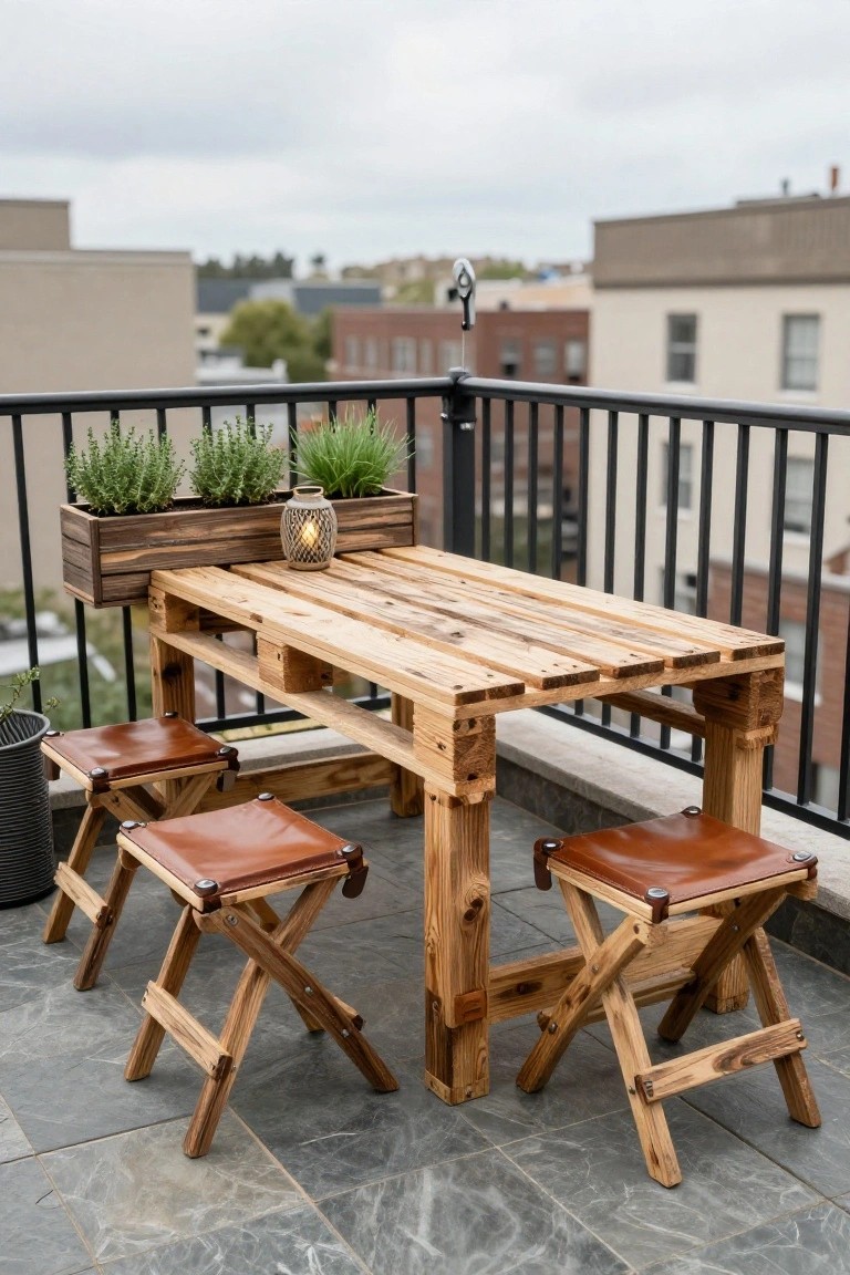 Wooden pallet table with two folding stools topped by brown leather seats on a gray-tiled balcony, next to a railing with a planter box containing green herbs and a lantern.