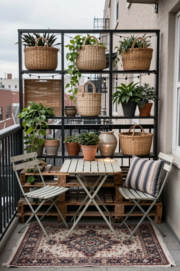 A small balcony with a black metal grid shelf holding plants in wicker baskets and ceramic pots, a square wooden pallet table, two folding metal chairs with striped cushions, and a patterned rug on the floor.